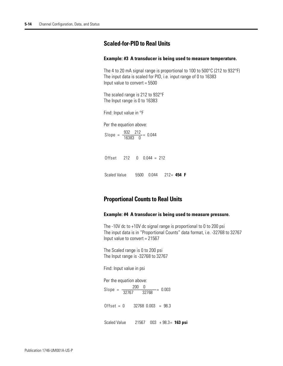 Scaled-for-pid to real units, Proportional counts to real units | Rockwell Automation 1746-NI16V SLC 500 Analog Input Modules User Manual User Manual | Page 62 / 120