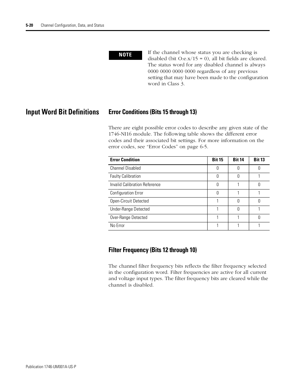 Input word bit definitions, Input word bit definitions -20, Filter frequency (bits 12 through 10) -20 | Error conditions (bits 15 through 13), Filter frequency (bits 12 through 10) | Rockwell Automation 1746-NI16V SLC 500 Analog Input Modules User Manual User Manual | Page 68 / 120