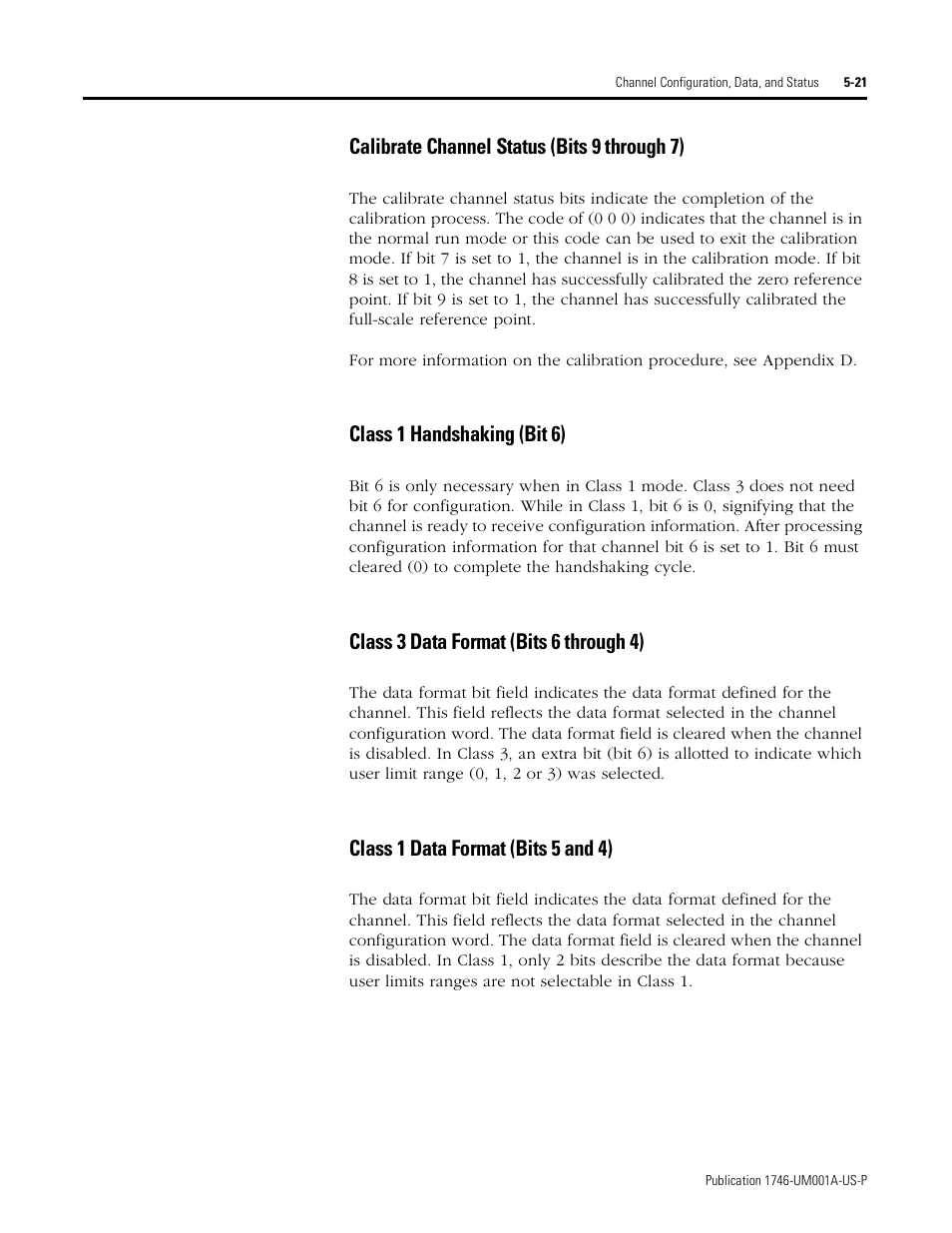 Calibrate channel status (bits 9 through 7), Class 1 handshaking (bit 6), Class 3 data format (bits 6 through 4) | Class 1 data format (bits 5 and 4) | Rockwell Automation 1746-NI16V SLC 500 Analog Input Modules User Manual User Manual | Page 69 / 120