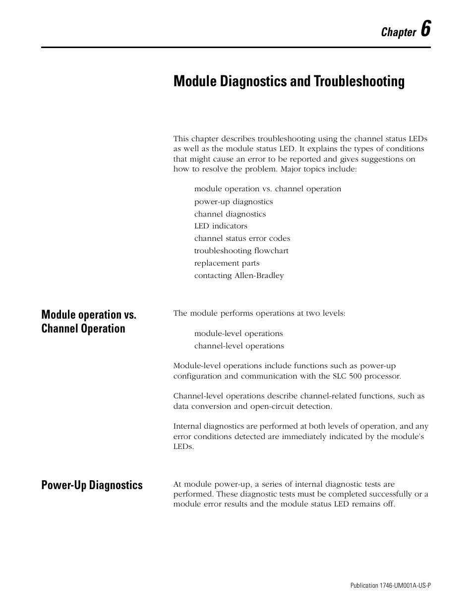 6 - module diagnostics and troubleshooting, Module operation vs. channel operation, Power-up diagnostics | Chapter 6, Module diagnostics and troubleshooting, Chapter | Rockwell Automation 1746-NI16V SLC 500 Analog Input Modules User Manual User Manual | Page 71 / 120