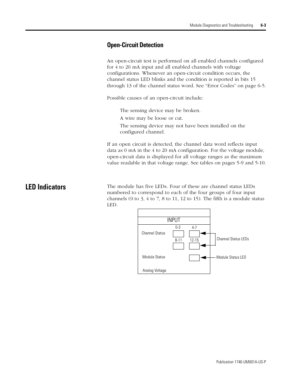 Led indicators, Open-circuit detection -3, Led indicators -3 | Open-circuit detection | Rockwell Automation 1746-NI16V SLC 500 Analog Input Modules User Manual User Manual | Page 73 / 120