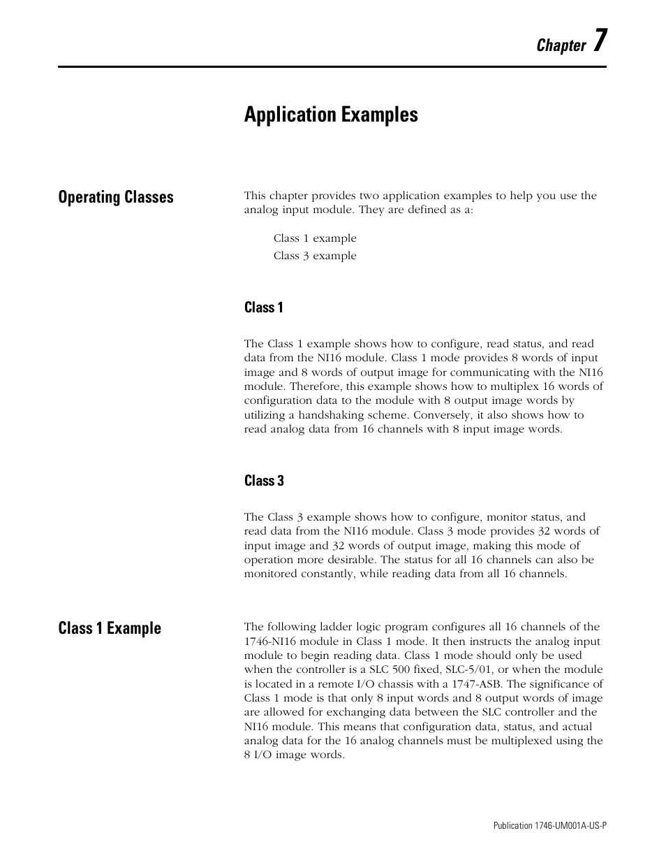 7 - application examples, Operating classes, Class 1 example | Chapter 7, Application examples, Operating classes -1, Class 1 -1 class 3 -1, Class 1 example -1, Chapter | Rockwell Automation 1746-NI16V SLC 500 Analog Input Modules User Manual User Manual | Page 79 / 120