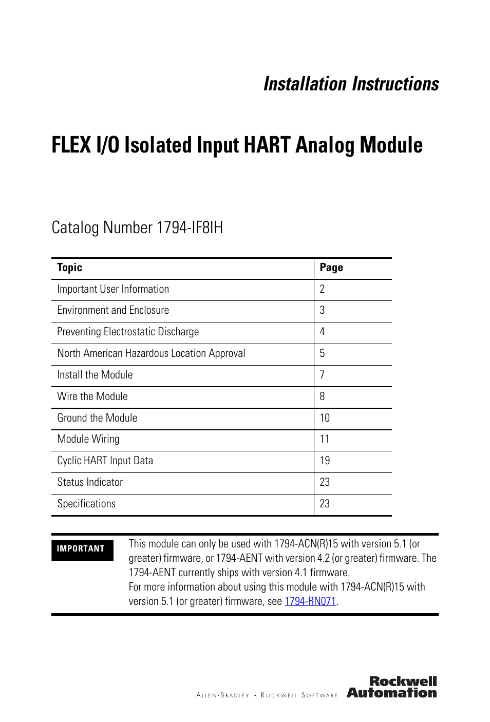 Rockwell Automation 1794-IF8IH FLEX I/O 8 Isolated Input HART Analog Module Installation Instructions User Manual | 28 pages