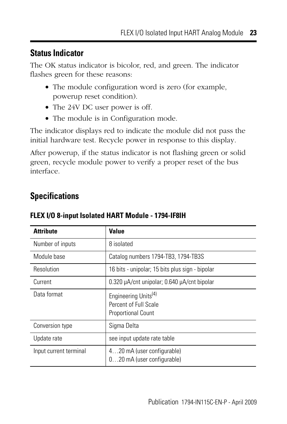 Status indicator, Specifications | Rockwell Automation 1794-IF8IH FLEX I/O 8 Isolated Input HART Analog Module Installation Instructions User Manual | Page 23 / 28