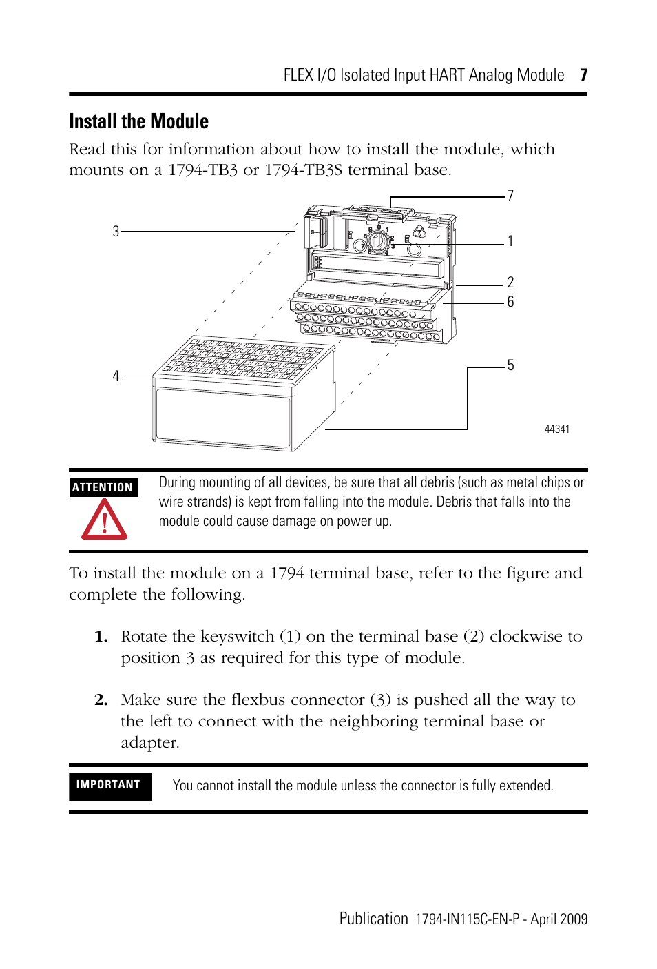 Install the module | Rockwell Automation 1794-IF8IH FLEX I/O 8 Isolated Input HART Analog Module Installation Instructions User Manual | Page 7 / 28