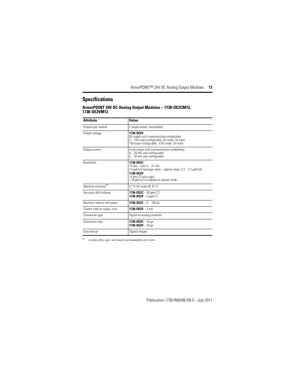 Specifications | Rockwell Automation 1738-OE2VM12 ArmorPoint 24V dc Analog Output Modules, Series A User Manual | Page 11 / 16