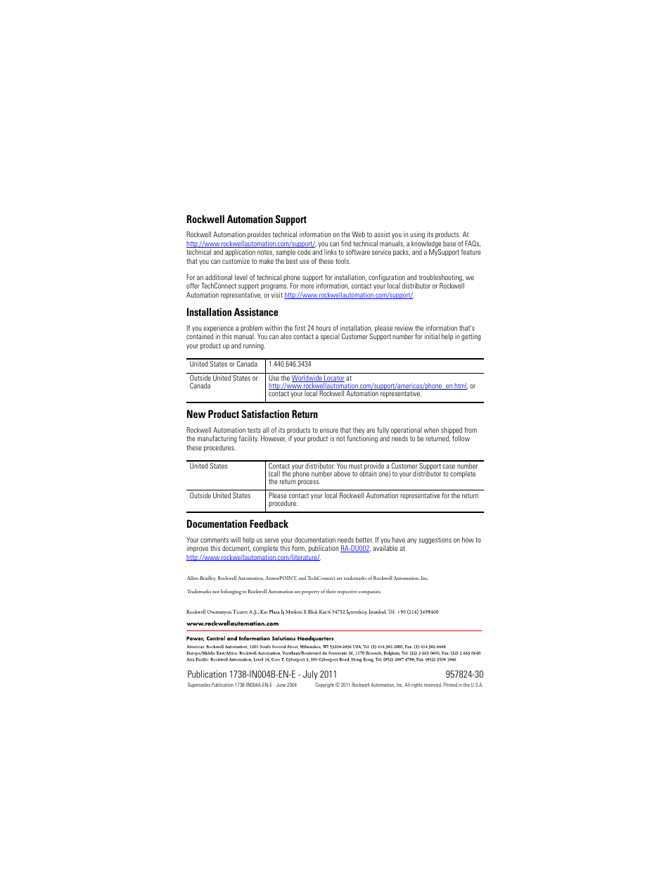 Back cover, Rockwell automation support, Installation assistance | New product satisfaction return, Documentation feedback | Rockwell Automation 1738-OE2VM12 ArmorPoint 24V dc Analog Output Modules, Series A User Manual | Page 16 / 16