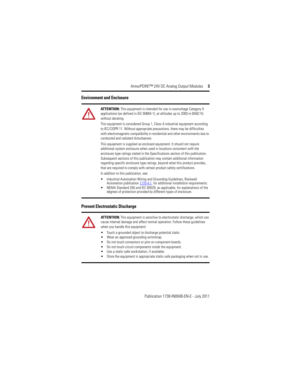 Environment and enclosure, Prevent electrostatic discharge | Rockwell Automation 1738-OE2VM12 ArmorPoint 24V dc Analog Output Modules, Series A User Manual | Page 3 / 16