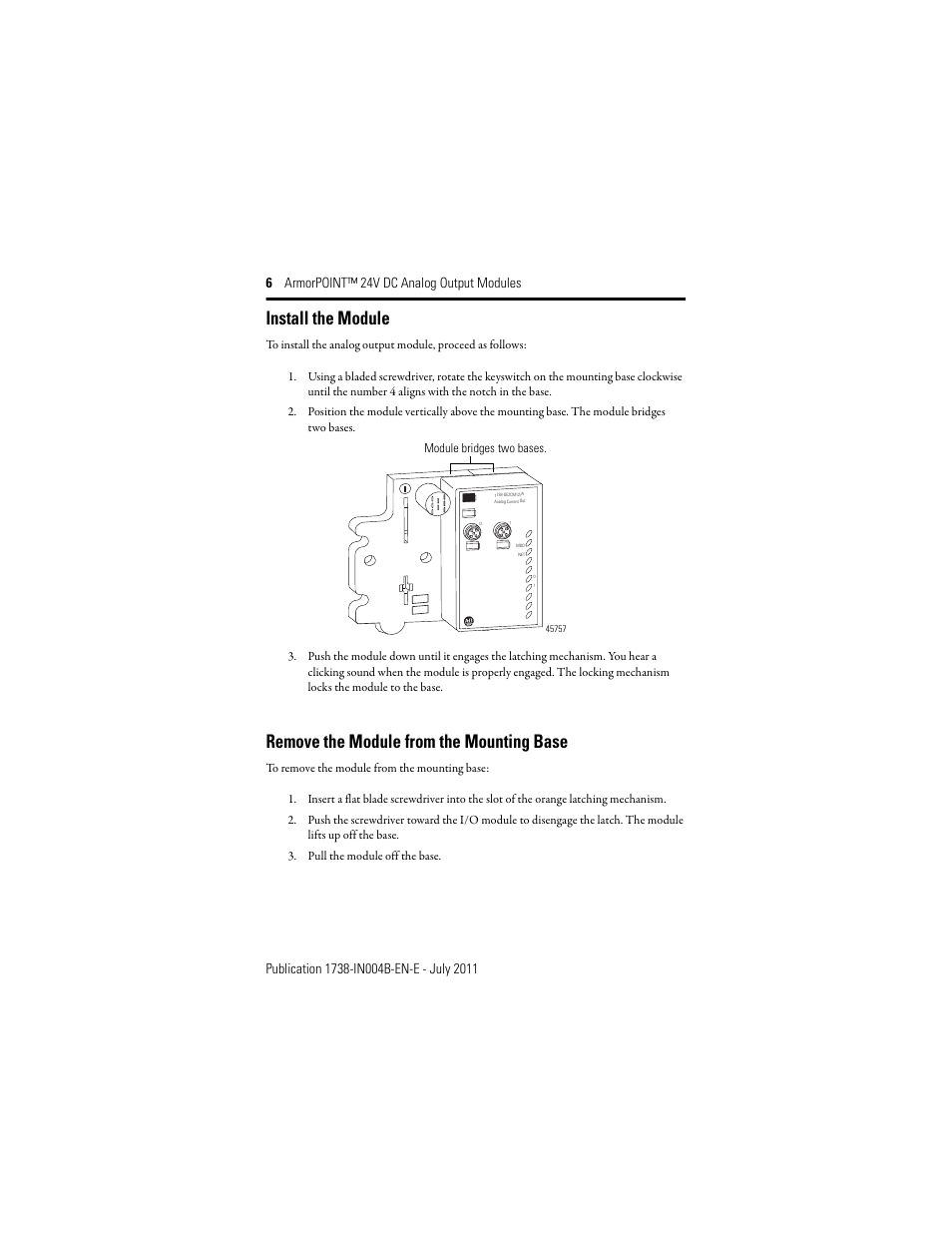 Install the module, Remove the module from the mounting base | Rockwell Automation 1738-OE2VM12 ArmorPoint 24V dc Analog Output Modules, Series A User Manual | Page 6 / 16