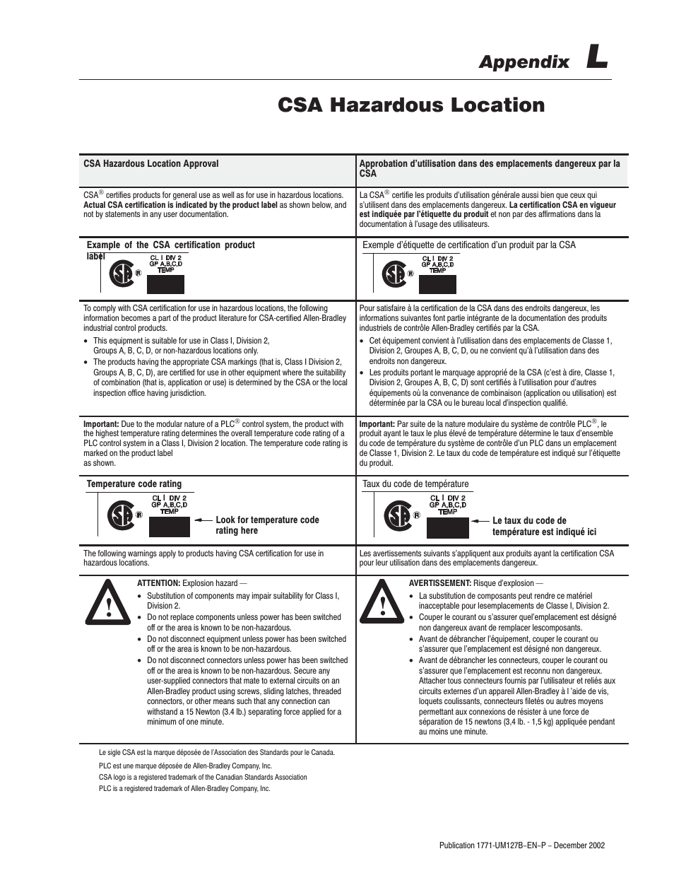 Csa hazardous location, Appendix | Rockwell Automation 1771-N SERIES High Resolution Analog Module User Manual User Manual | Page 183 / 188