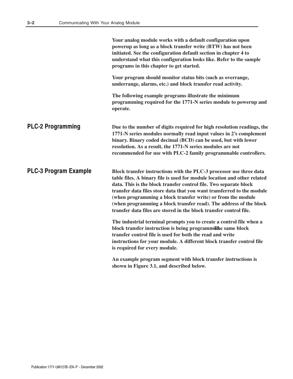 Plcć2 programming plcć3 program example | Rockwell Automation 1771-N SERIES High Resolution Analog Module User Manual User Manual | Page 34 / 188