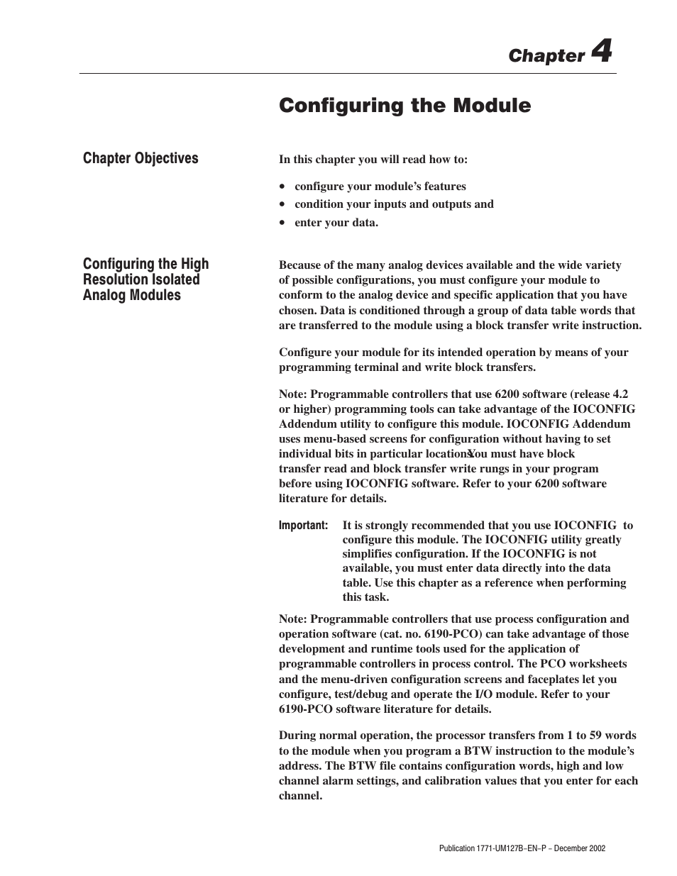 Configuring the module, Chapter | Rockwell Automation 1771-N SERIES High Resolution Analog Module User Manual User Manual | Page 41 / 188