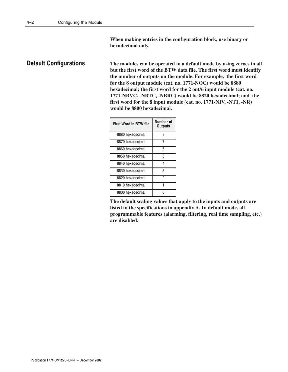 Default configurations | Rockwell Automation 1771-N SERIES High Resolution Analog Module User Manual User Manual | Page 42 / 188
