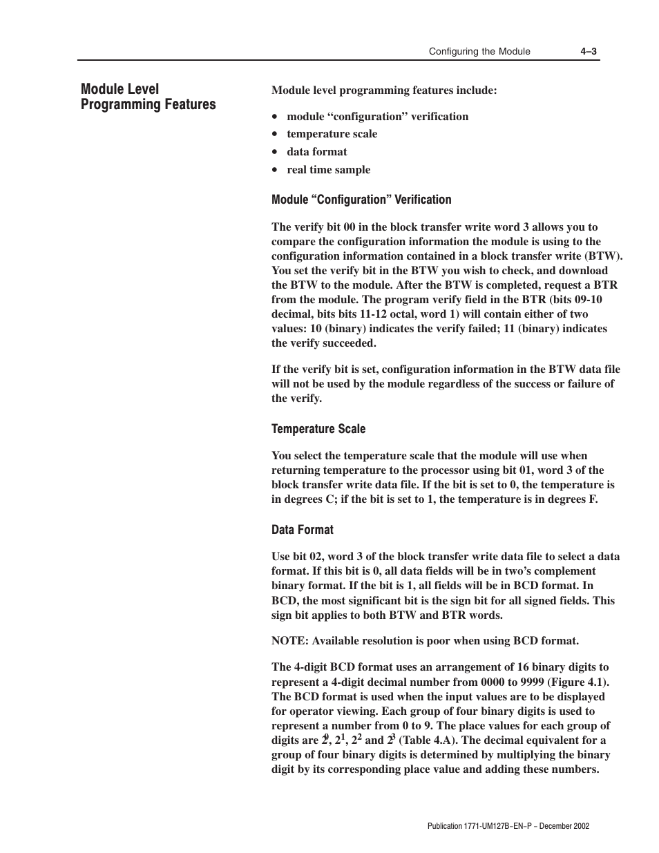 Module level programming features | Rockwell Automation 1771-N SERIES High Resolution Analog Module User Manual User Manual | Page 43 / 188
