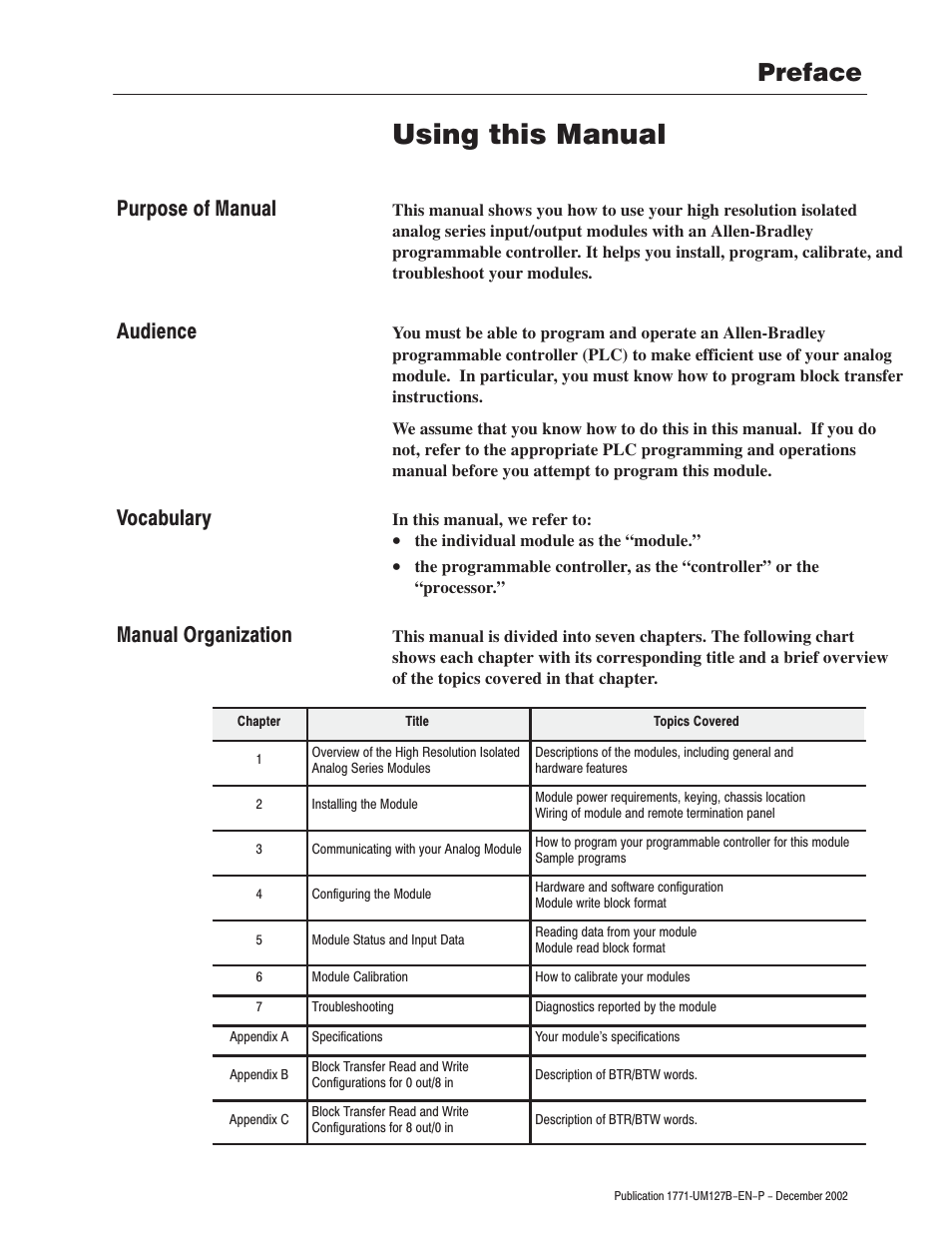 Using this manual, Preface | Rockwell Automation 1771-N SERIES High Resolution Analog Module User Manual User Manual | Page 5 / 188