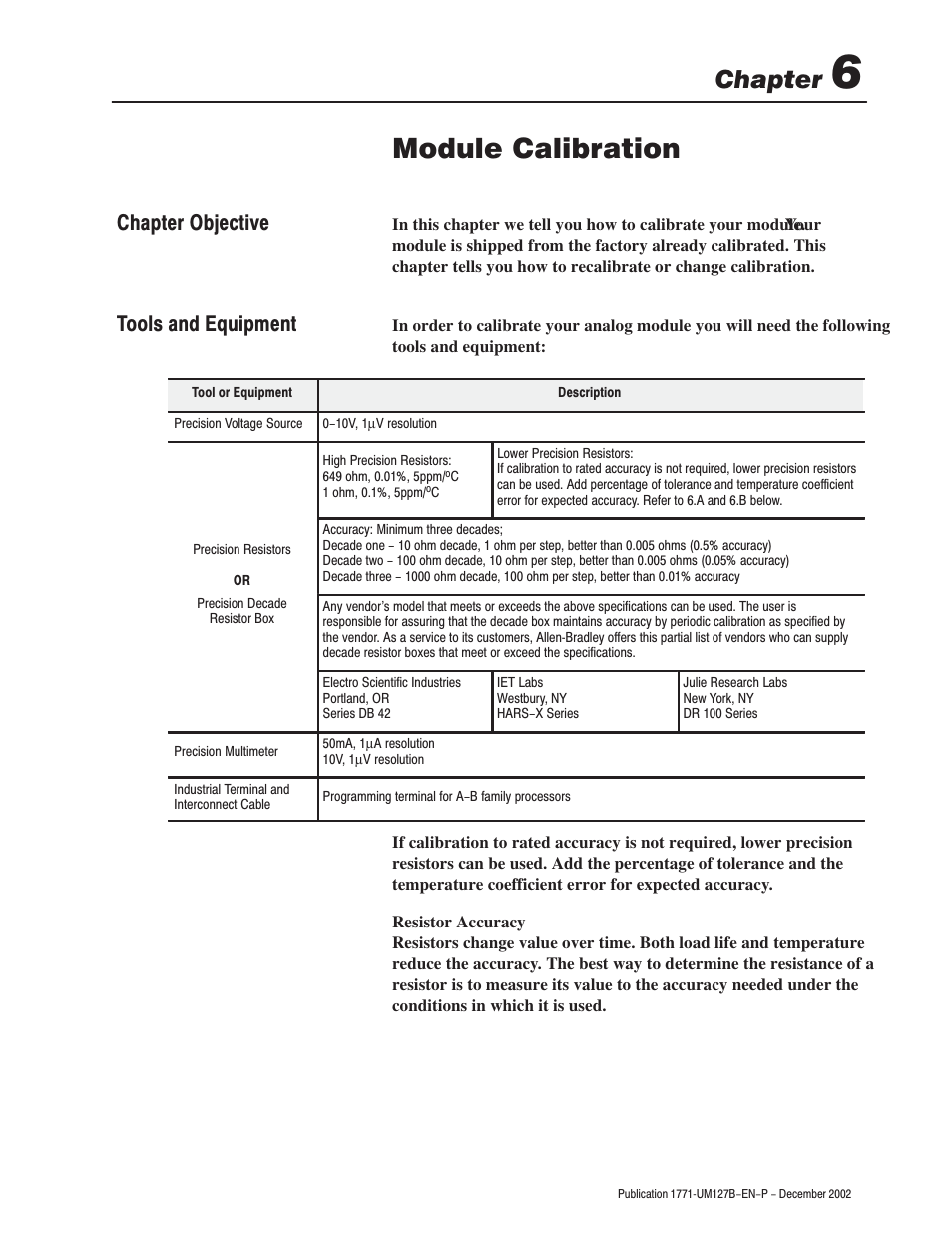 Module calibration, Chapter, Chapter objective tools and equipment | Rockwell Automation 1771-N SERIES High Resolution Analog Module User Manual User Manual | Page 69 / 188