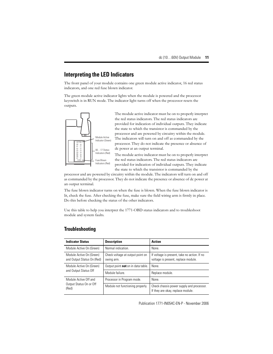 Interpreting the led indicators, Troubleshooting | Rockwell Automation 1771-OBD Series C INSTL INSTR DC(10-60V) OUTPUT User Manual | Page 11 / 20