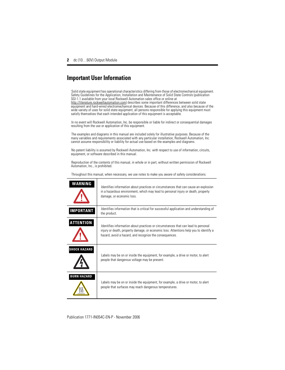 Important user information | Rockwell Automation 1771-OBD Series C INSTL INSTR DC(10-60V) OUTPUT User Manual | Page 2 / 20