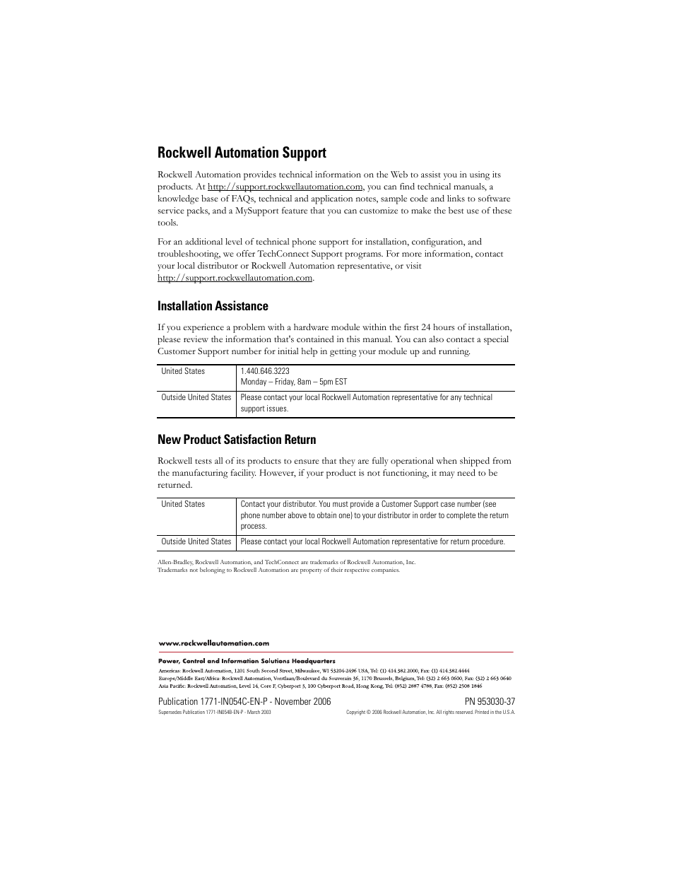 Rockwell automation support, Installation assistance, New product satisfaction return | Rockwell Automation 1771-OBD Series C INSTL INSTR DC(10-60V) OUTPUT User Manual | Page 20 / 20