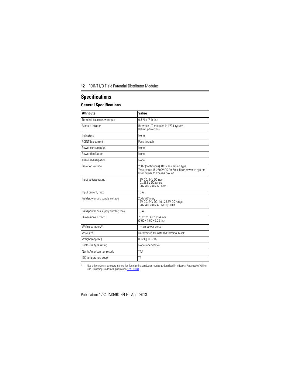 Specifications, General specifications | Rockwell Automation 1734-FPD, Series B POINT I/O Field Potential Distributor Modules Installation Instructions User Manual | Page 12 / 16