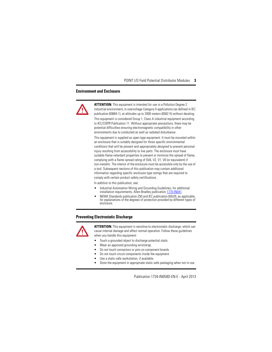 Environment and enclosure, Preventing electrostatic discharge | Rockwell Automation 1734-FPD, Series B POINT I/O Field Potential Distributor Modules Installation Instructions User Manual | Page 3 / 16