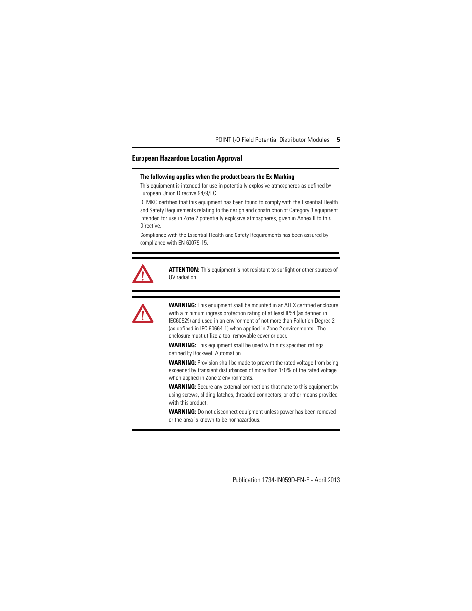 European hazardous location approval | Rockwell Automation 1734-FPD, Series B POINT I/O Field Potential Distributor Modules Installation Instructions User Manual | Page 5 / 16