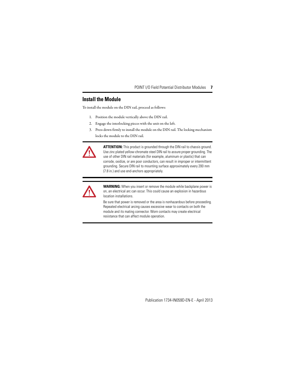 Install the module | Rockwell Automation 1734-FPD, Series B POINT I/O Field Potential Distributor Modules Installation Instructions User Manual | Page 7 / 16