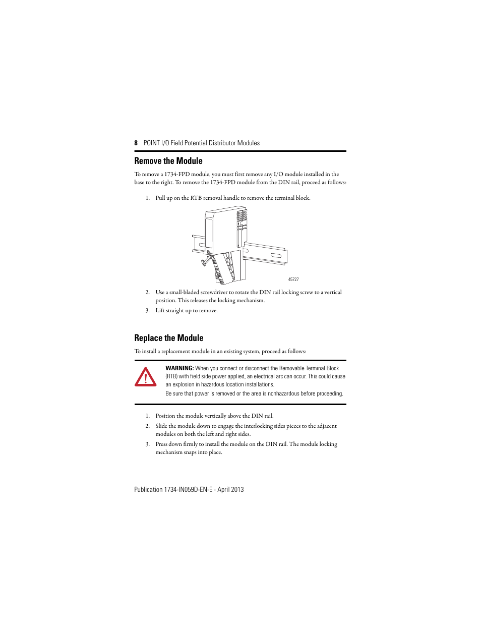 Remove the module, Replace the module | Rockwell Automation 1734-FPD, Series B POINT I/O Field Potential Distributor Modules Installation Instructions User Manual | Page 8 / 16