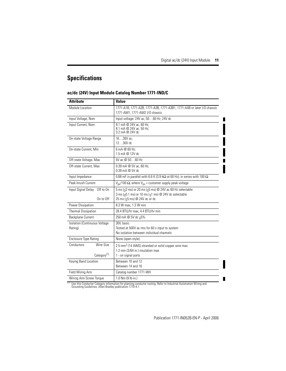 Specifications | Rockwell Automation 1771-IND series C INSTL INSTR AC/DC INPUT MODULE User Manual | Page 11 / 12