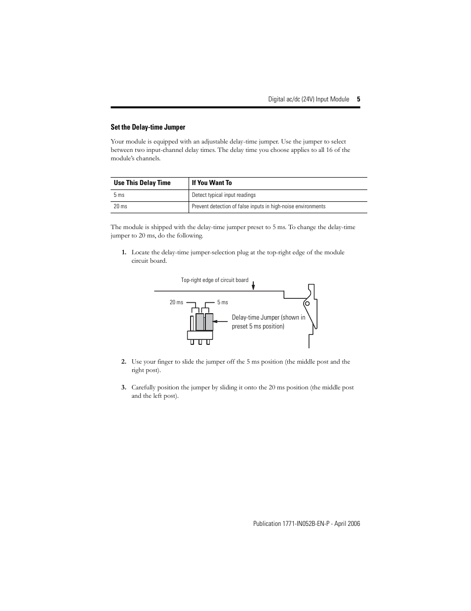 Set the delay-time jumper | Rockwell Automation 1771-IND series C INSTL INSTR AC/DC INPUT MODULE User Manual | Page 5 / 12