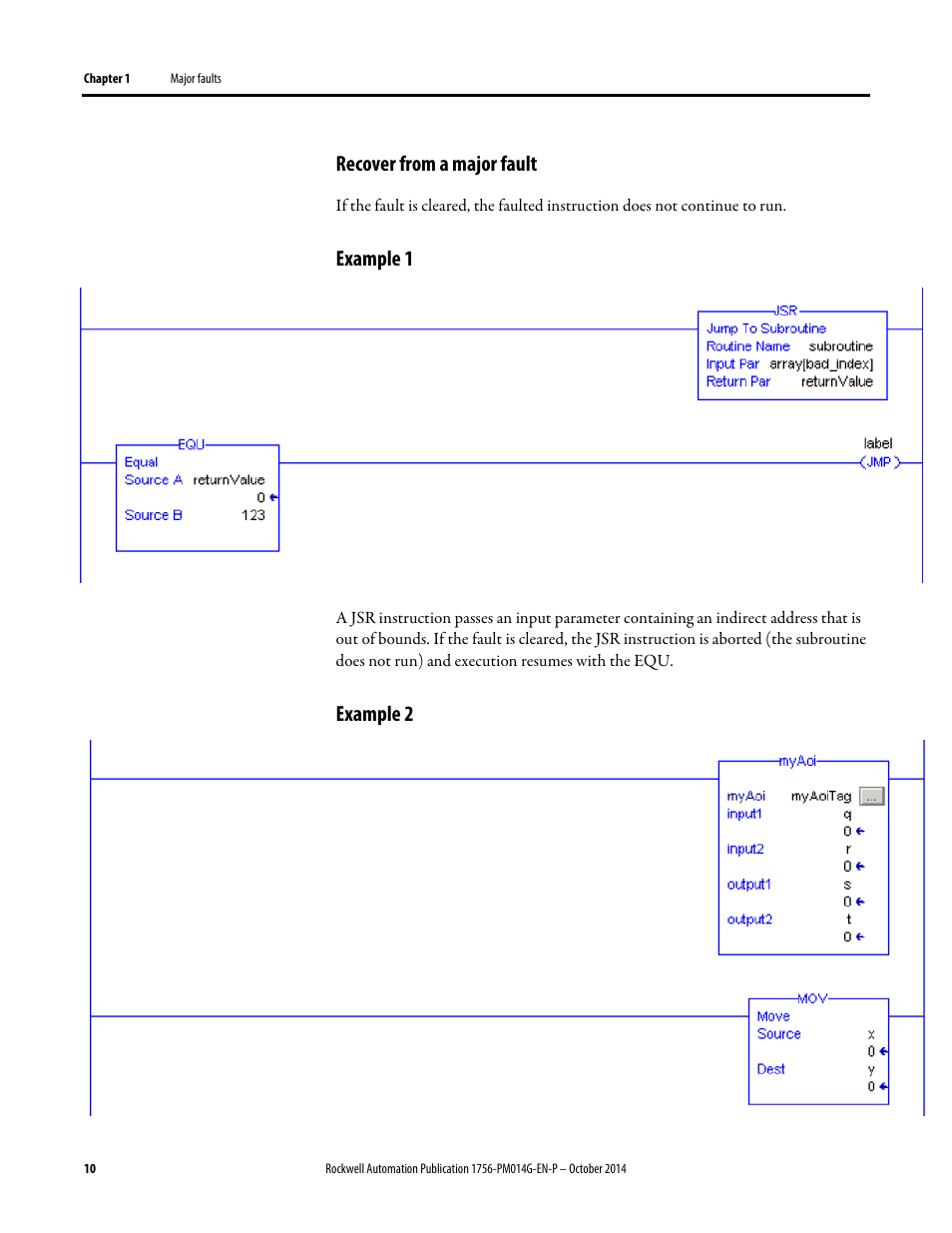 Recover from a major fault, Example 1, Example 2 | Rockwell Automation Logix5000 Controllers Major, Minor, and I/O Faults Programming Manual User Manual | Page 10 / 53
