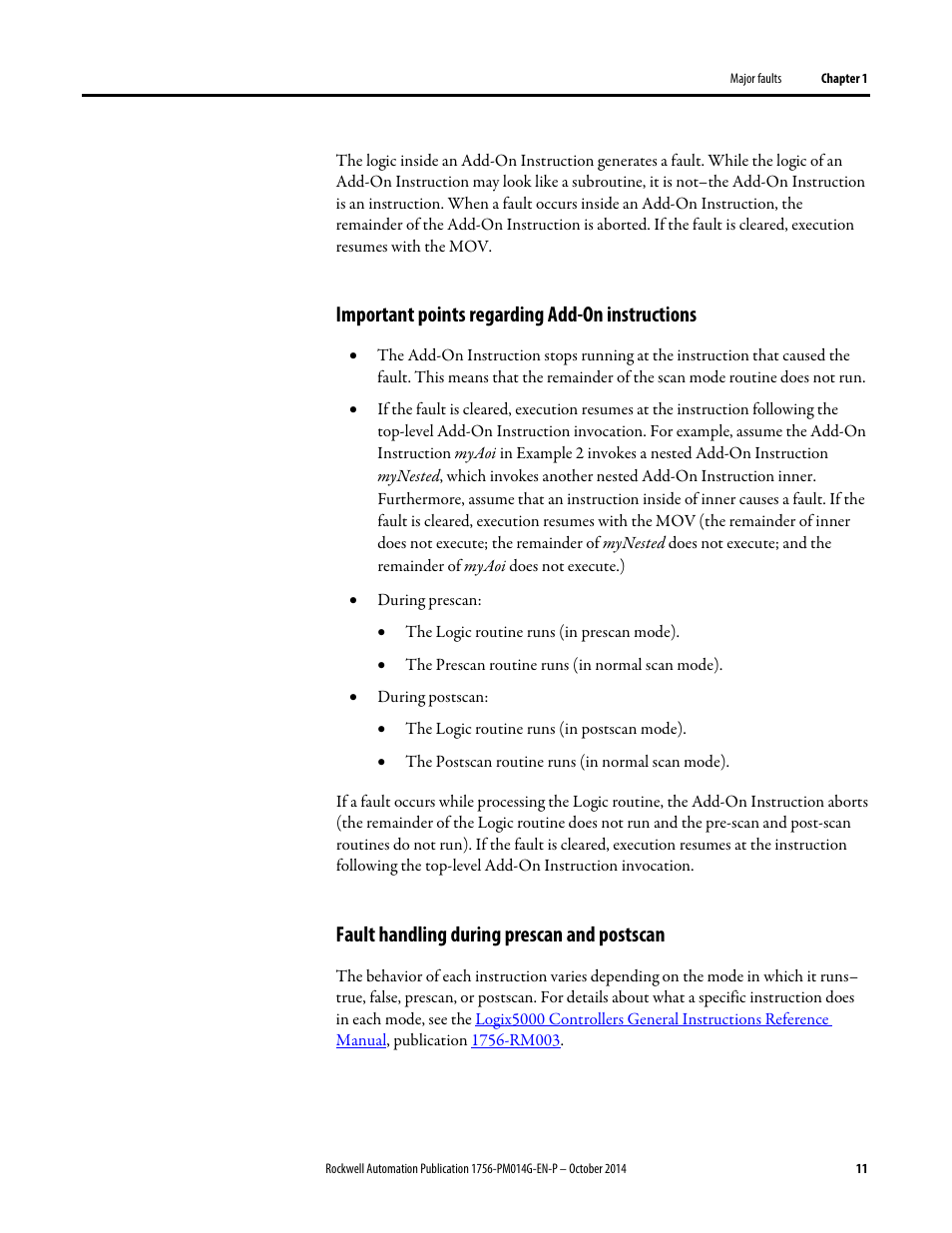 Important points regarding add-on instructions, Fault handling during prescan and postscan | Rockwell Automation Logix5000 Controllers Major, Minor, and I/O Faults Programming Manual User Manual | Page 11 / 53
