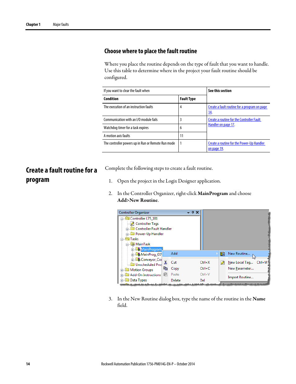 Create a fault routine for a program, Choose where to place the fault routine | Rockwell Automation Logix5000 Controllers Major, Minor, and I/O Faults Programming Manual User Manual | Page 14 / 53