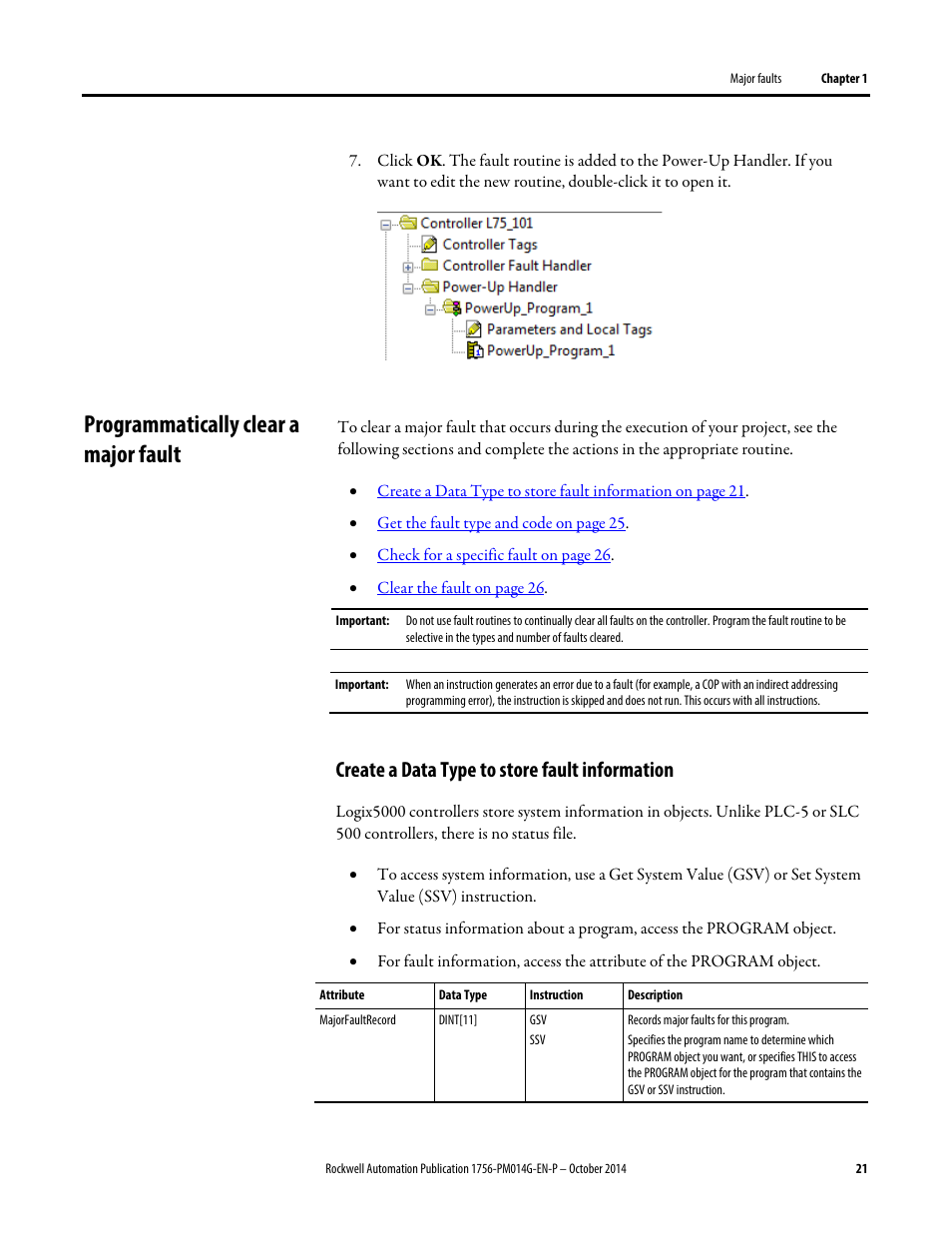 Programmatically clear a major fault, Create a data type to store fault information | Rockwell Automation Logix5000 Controllers Major, Minor, and I/O Faults Programming Manual User Manual | Page 21 / 53