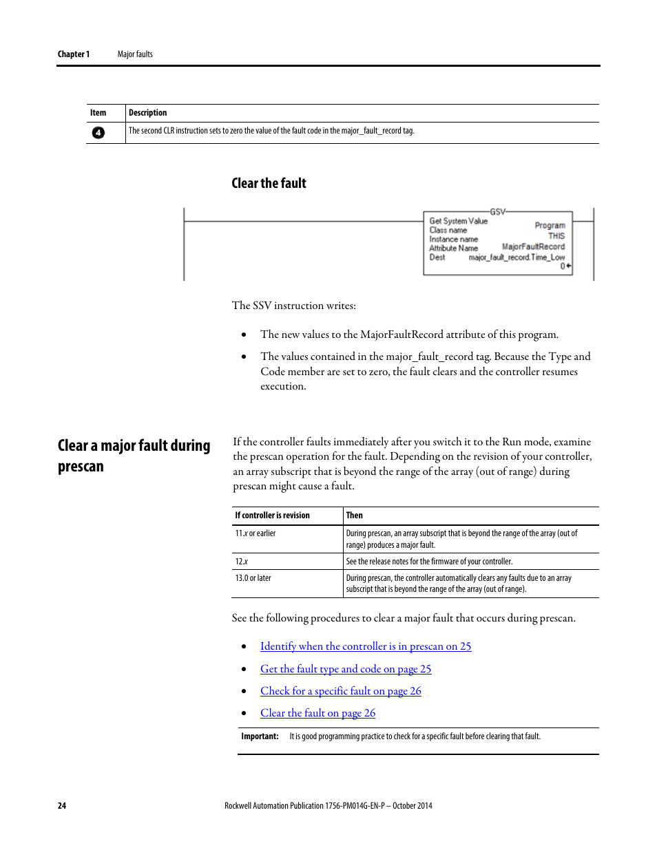 Clear a major fault during prescan, Clear the fault, Clear a major fault | Rockwell Automation Logix5000 Controllers Major, Minor, and I/O Faults Programming Manual User Manual | Page 24 / 53
