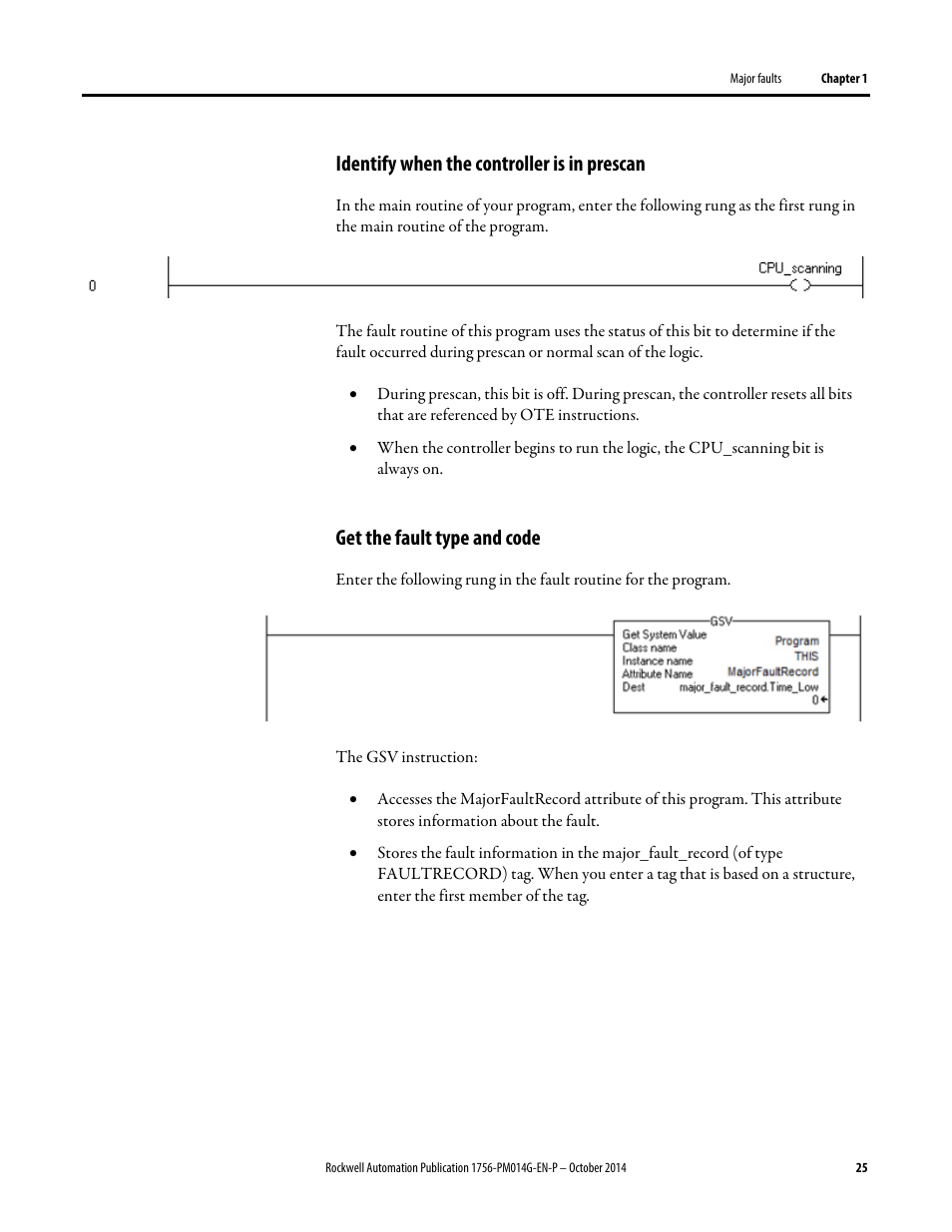 Identify when the controller is in prescan, Get the fault type and code, Identify when the controller is in prescan on 25 | Rockwell Automation Logix5000 Controllers Major, Minor, and I/O Faults Programming Manual User Manual | Page 25 / 53