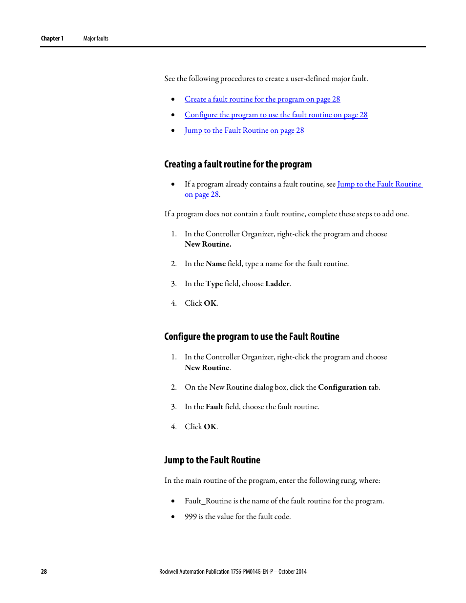 Create a fault routine for the program, Configure the program to use the fault routine, Jump to the fault routine | Creating a fault routine for the program | Rockwell Automation Logix5000 Controllers Major, Minor, and I/O Faults Programming Manual User Manual | Page 28 / 53