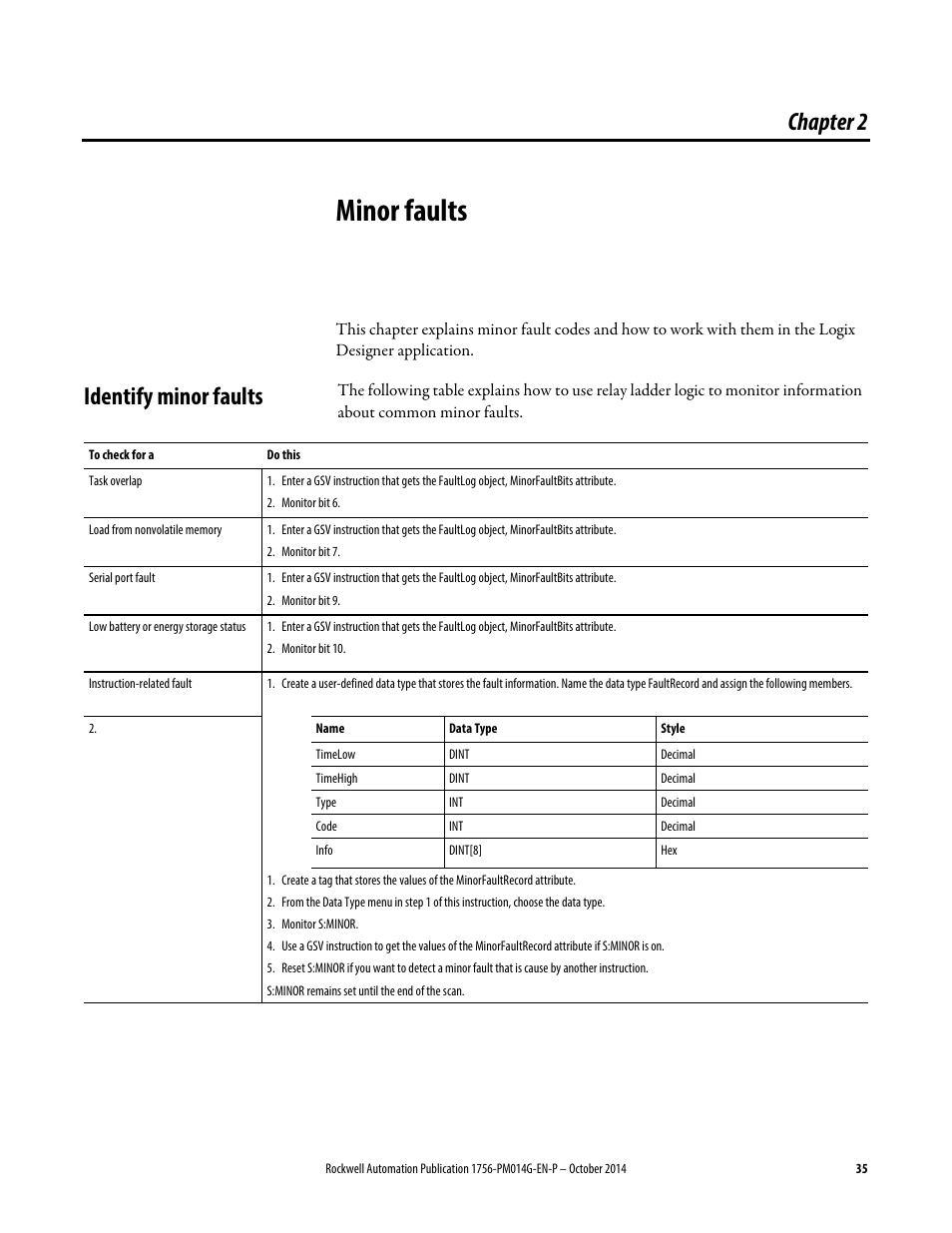 Minor faults, Identify minor faults, Chapter 2 | Rockwell Automation Logix5000 Controllers Major, Minor, and I/O Faults Programming Manual User Manual | Page 35 / 53