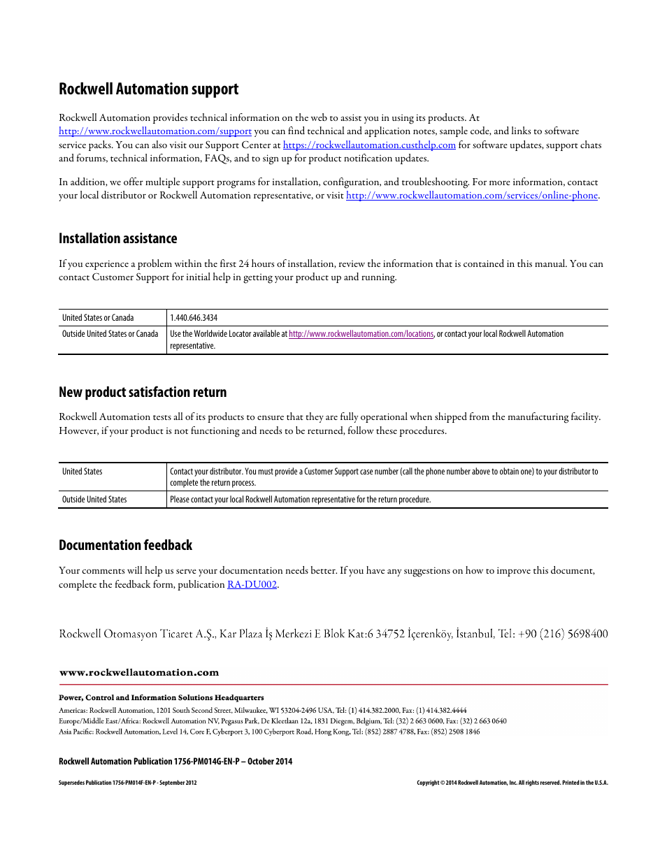 Back cover, Rockwell automation support, Installation assistance | New product satisfaction return, Documentation feedback | Rockwell Automation Logix5000 Controllers Major, Minor, and I/O Faults Programming Manual User Manual | Page 53 / 53
