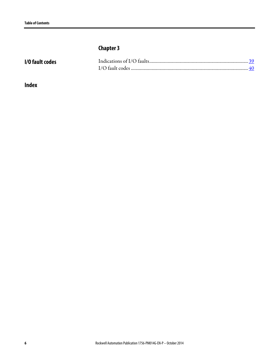 Chapter 3, I/o fault codes, Index | Rockwell Automation Logix5000 Controllers Major, Minor, and I/O Faults Programming Manual User Manual | Page 6 / 53