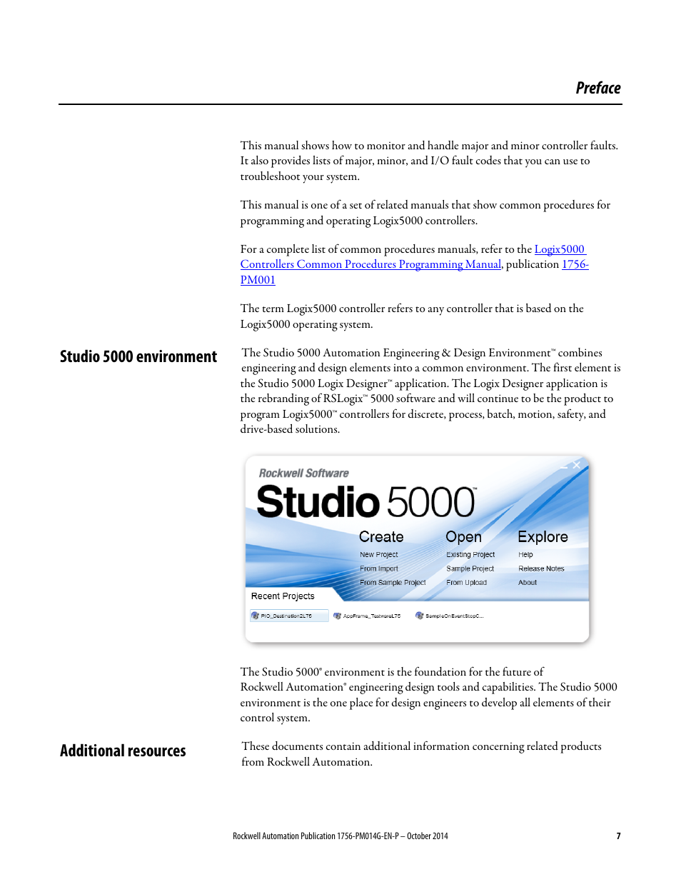 Preface, Studio 5000 environment, Additional resources | Studio 5000 environment additional resources | Rockwell Automation Logix5000 Controllers Major, Minor, and I/O Faults Programming Manual User Manual | Page 7 / 53