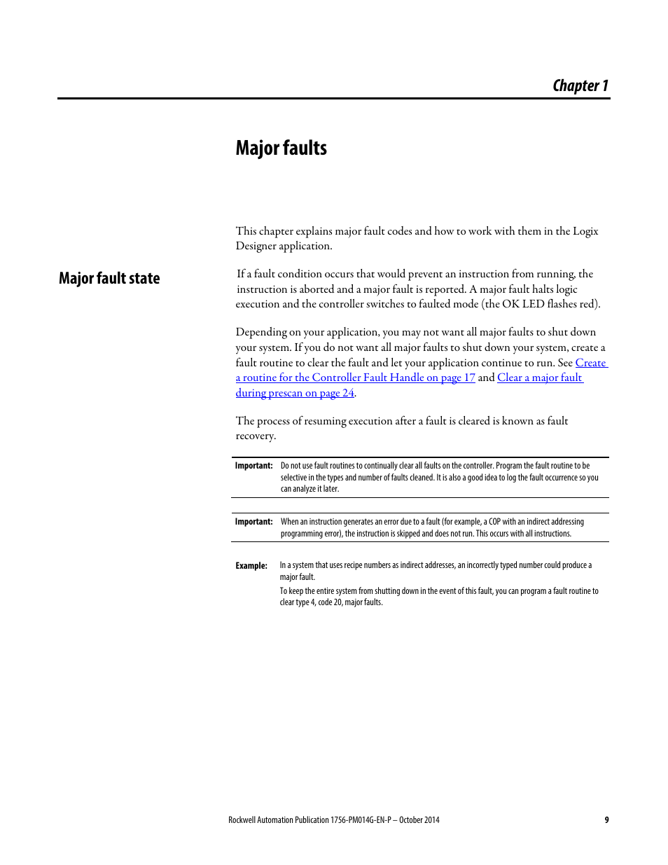 1 - major faults, Major fault state, Chapter 1 | Major faults | Rockwell Automation Logix5000 Controllers Major, Minor, and I/O Faults Programming Manual User Manual | Page 9 / 53