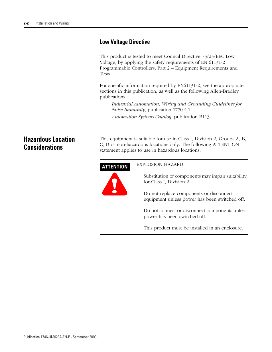 Hazardous location considerations, Low voltage directive -2, Hazardous location considerations -2 | Rockwell Automation 1746-NO8V SLC 500 8-Point Analog Output Module/ User Manual User Manual | Page 10 / 74