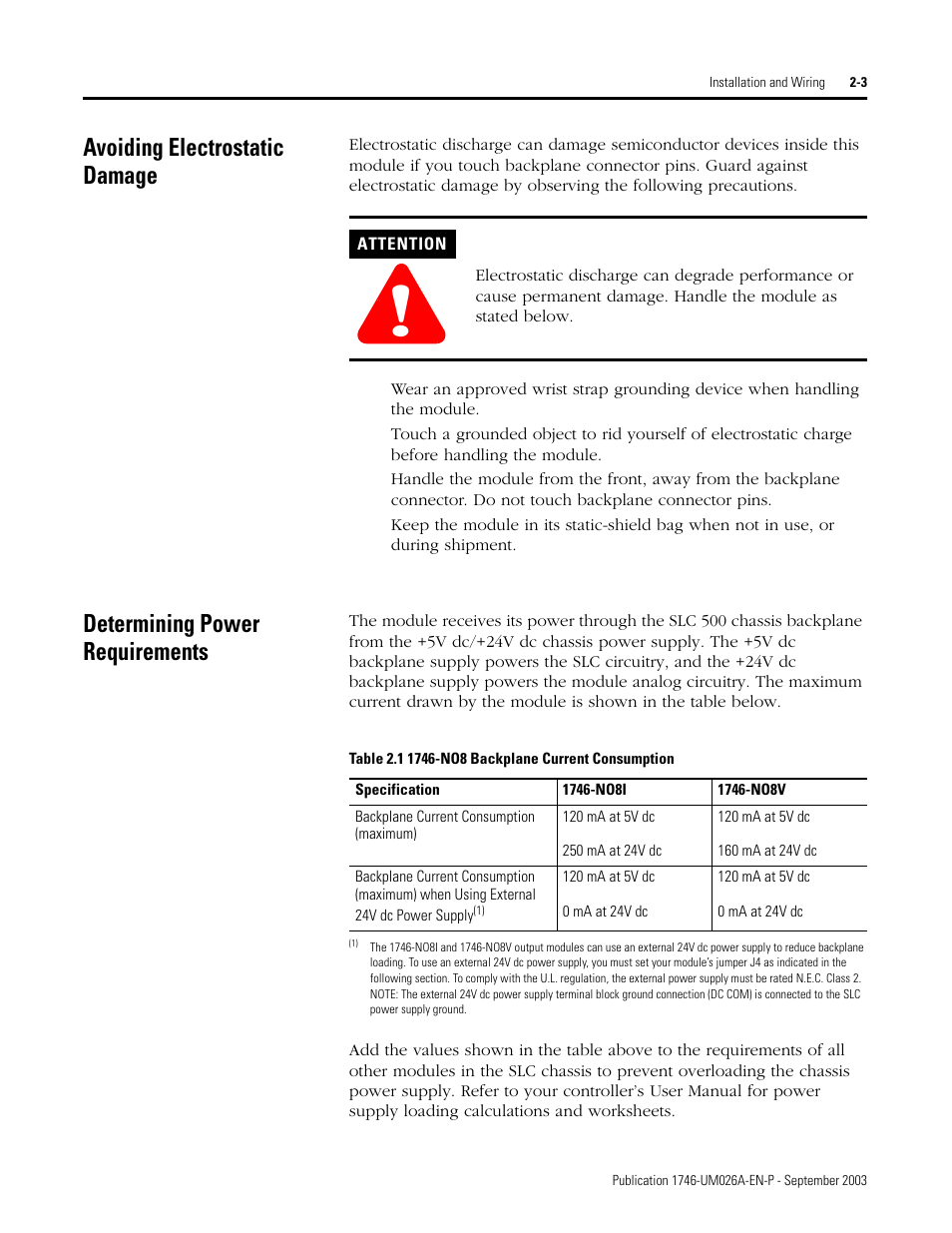 Avoiding electrostatic damage, Determining power requirements | Rockwell Automation 1746-NO8V SLC 500 8-Point Analog Output Module/ User Manual User Manual | Page 11 / 74