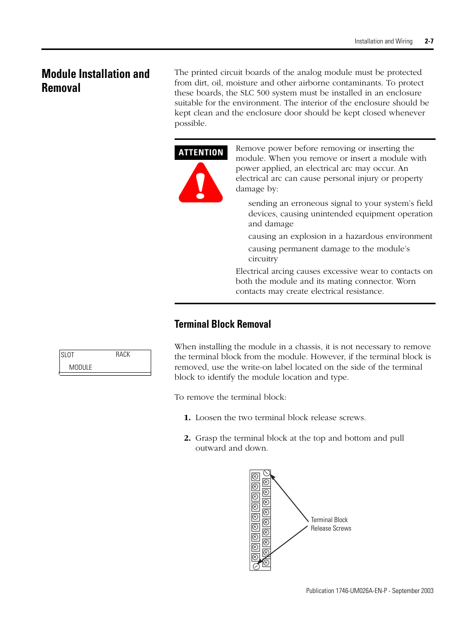 Module installation and removal, Module installation and removal -7, Terminal block removal -7 | Rockwell Automation 1746-NO8V SLC 500 8-Point Analog Output Module/ User Manual User Manual | Page 15 / 74