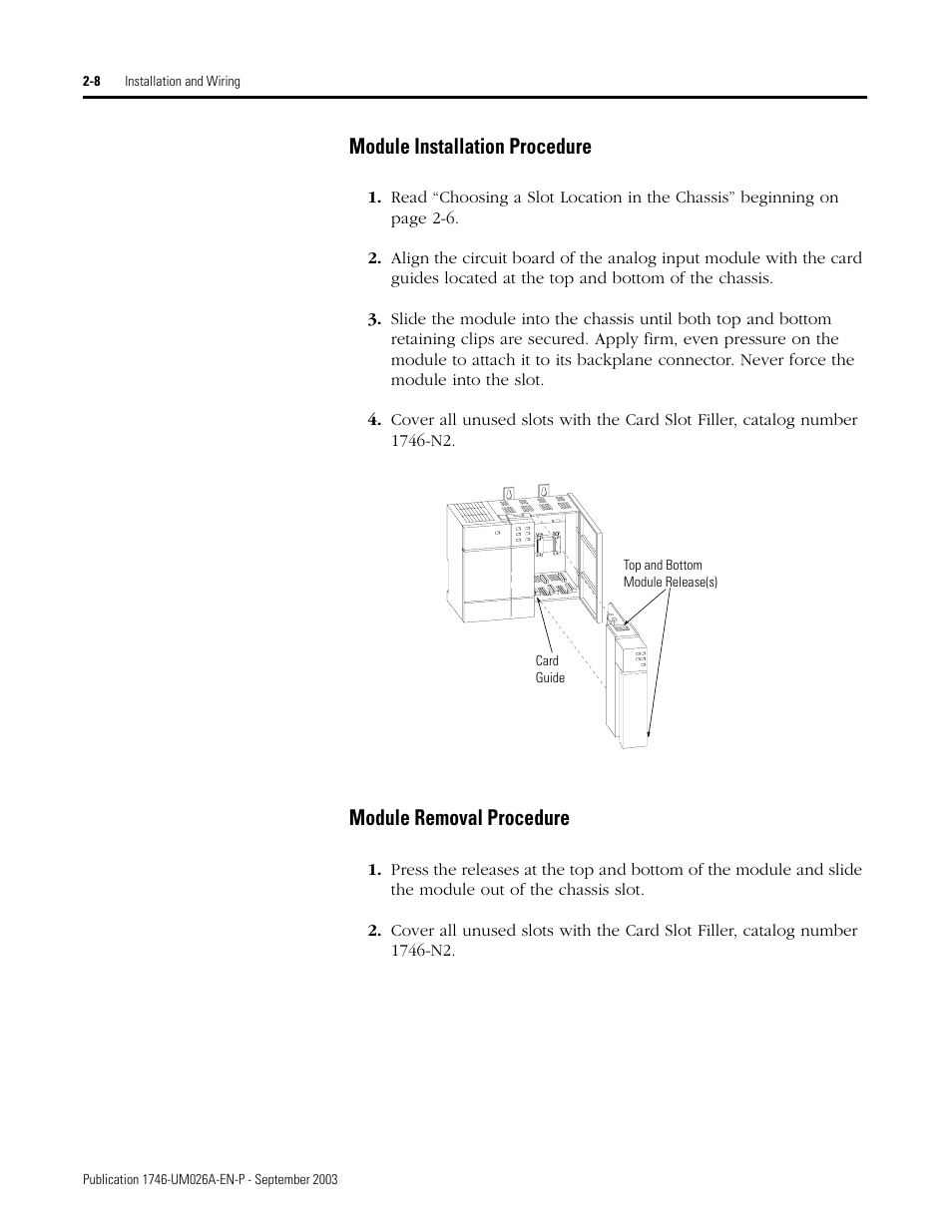 Module installation procedure, Module removal procedure | Rockwell Automation 1746-NO8V SLC 500 8-Point Analog Output Module/ User Manual User Manual | Page 16 / 74