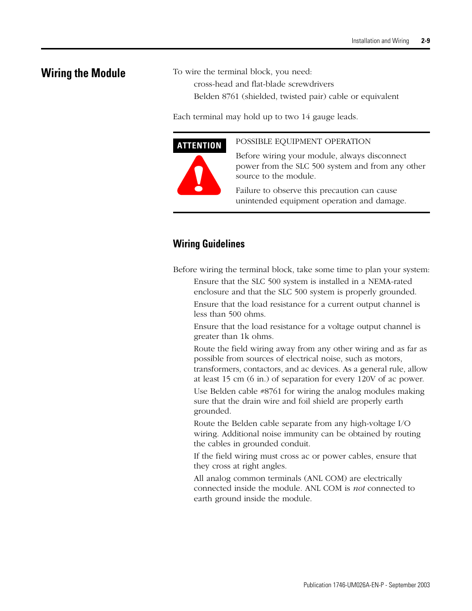 Wiring the module, Wiring the module -9, Wiring guidelines -9 | Rockwell Automation 1746-NO8V SLC 500 8-Point Analog Output Module/ User Manual User Manual | Page 17 / 74