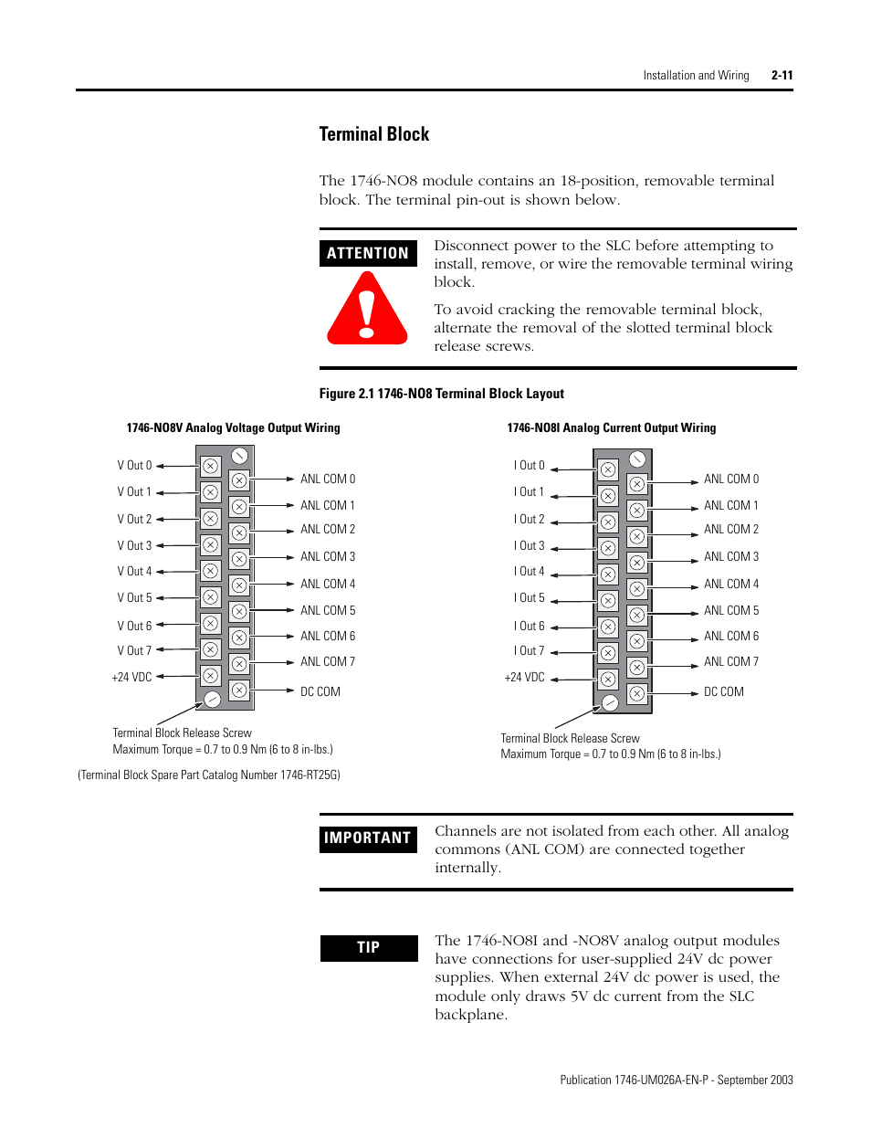 Terminal block -11, Terminal block | Rockwell Automation 1746-NO8V SLC 500 8-Point Analog Output Module/ User Manual User Manual | Page 19 / 74