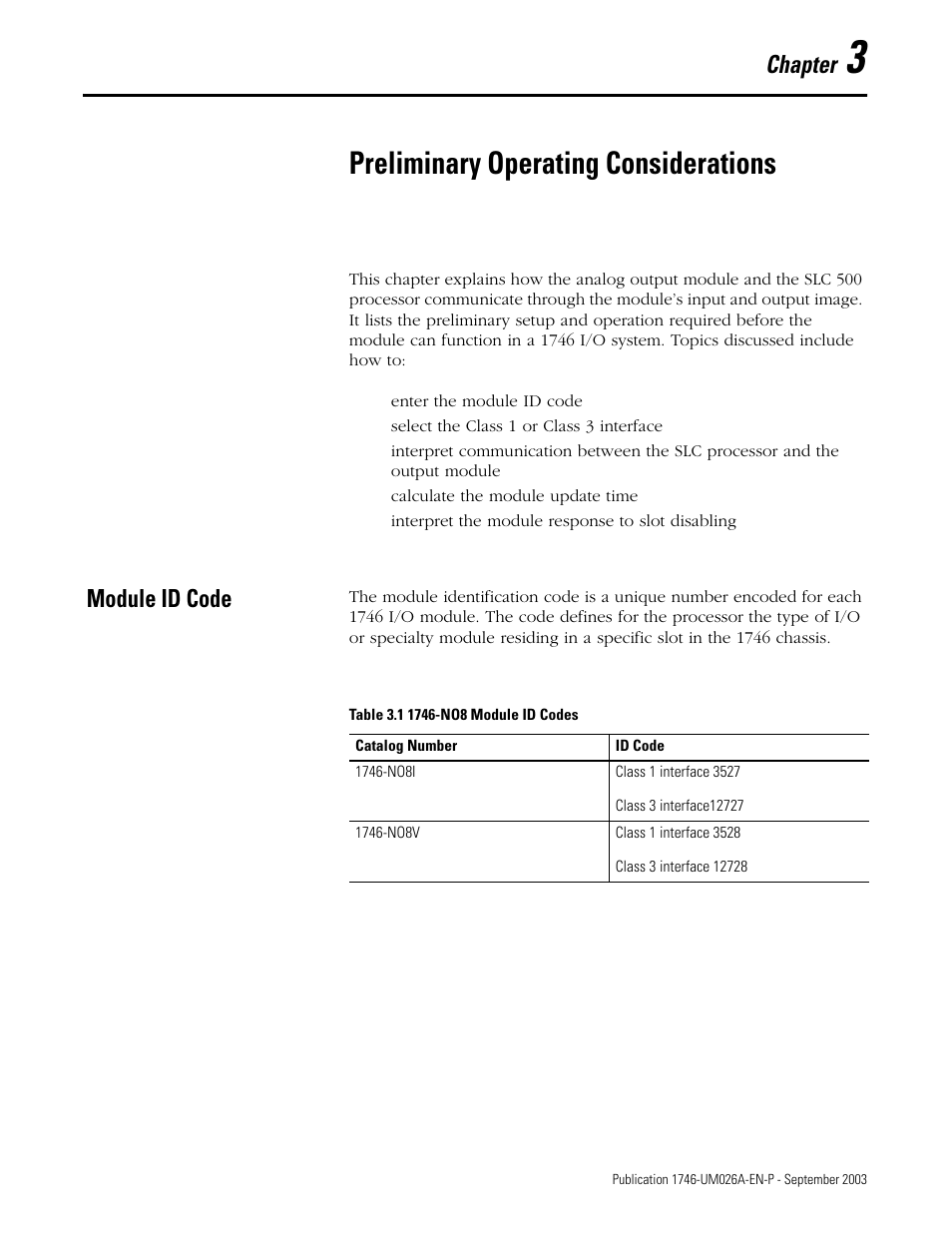 3 - preliminary operating considerations, Module id code, Chapter 3 | Preliminary operating considerations, Module id code -1, Chapter | Rockwell Automation 1746-NO8V SLC 500 8-Point Analog Output Module/ User Manual User Manual | Page 21 / 74