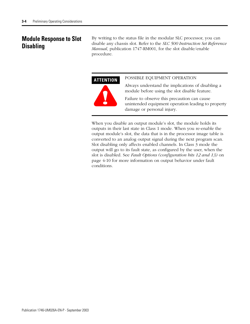 Module response to slot disabling, Module response to slot disabling -4 | Rockwell Automation 1746-NO8V SLC 500 8-Point Analog Output Module/ User Manual User Manual | Page 24 / 74